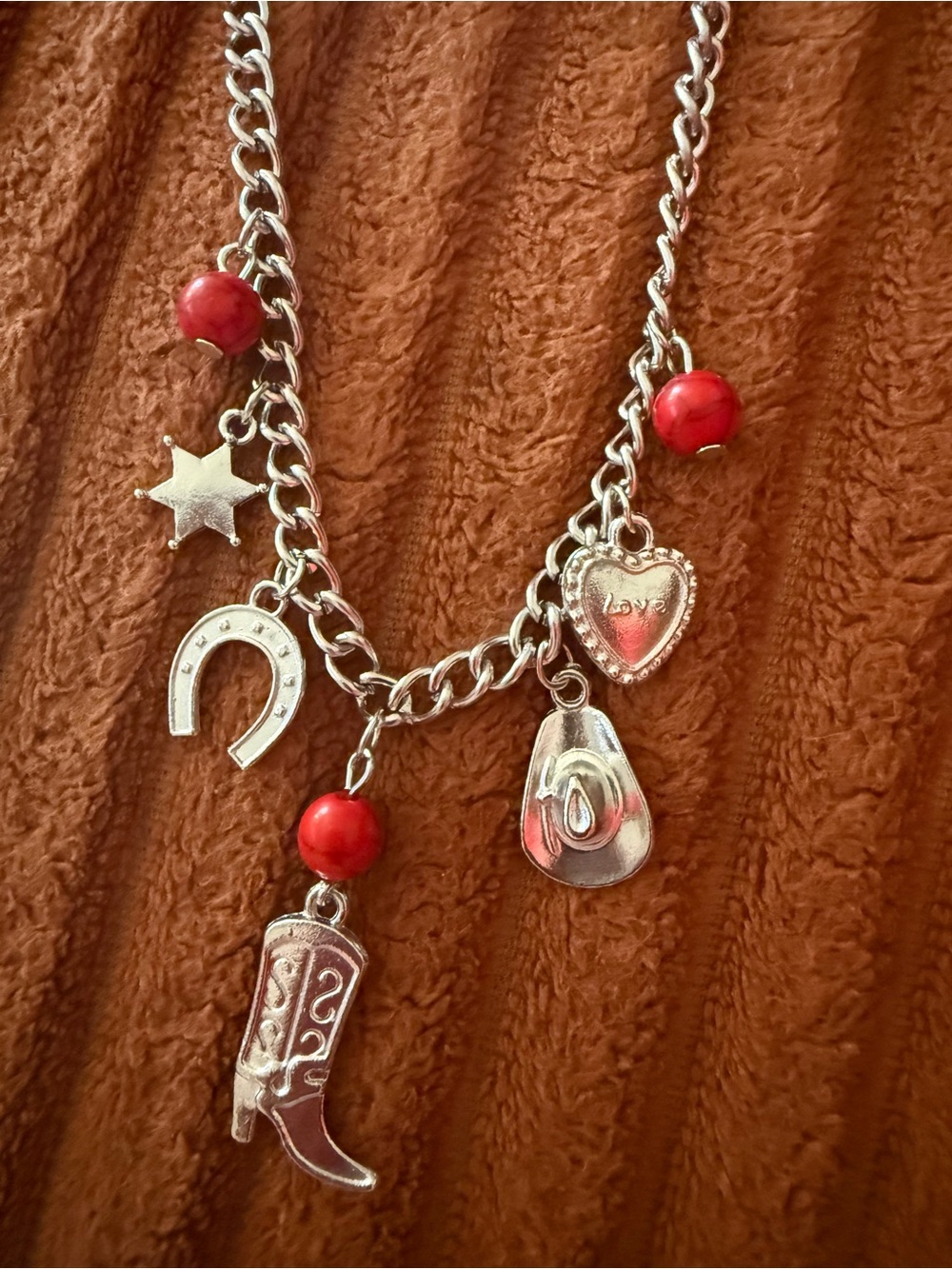 Silver Western Charm Necklace with Red Beads